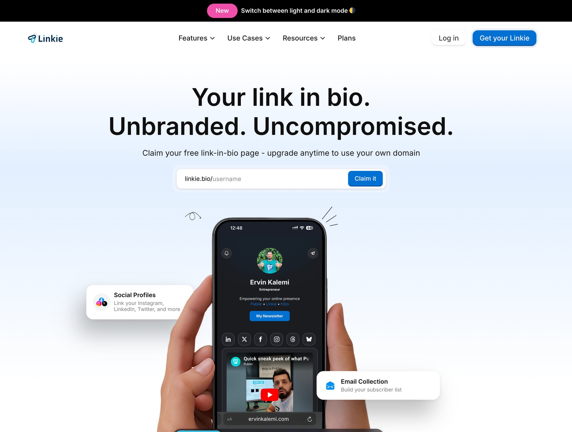 A website for Linkie, a link-in-bio service, featuring a smartphone displaying a user profile with social links.