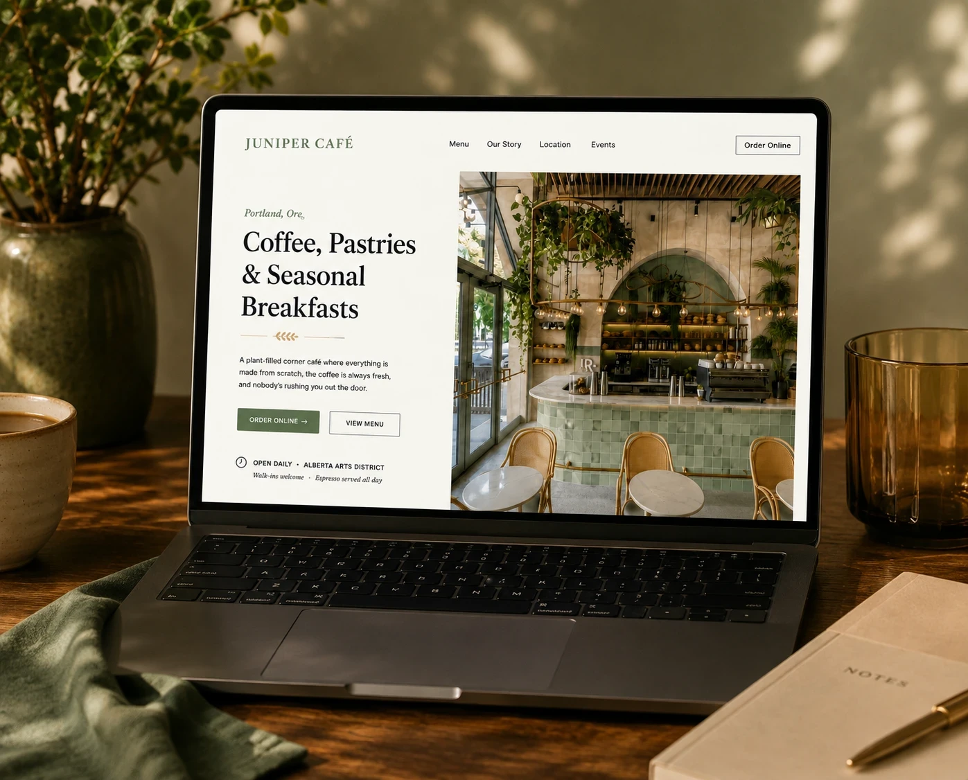Restaurant website homepage displayed on a laptop in a warm café setting.