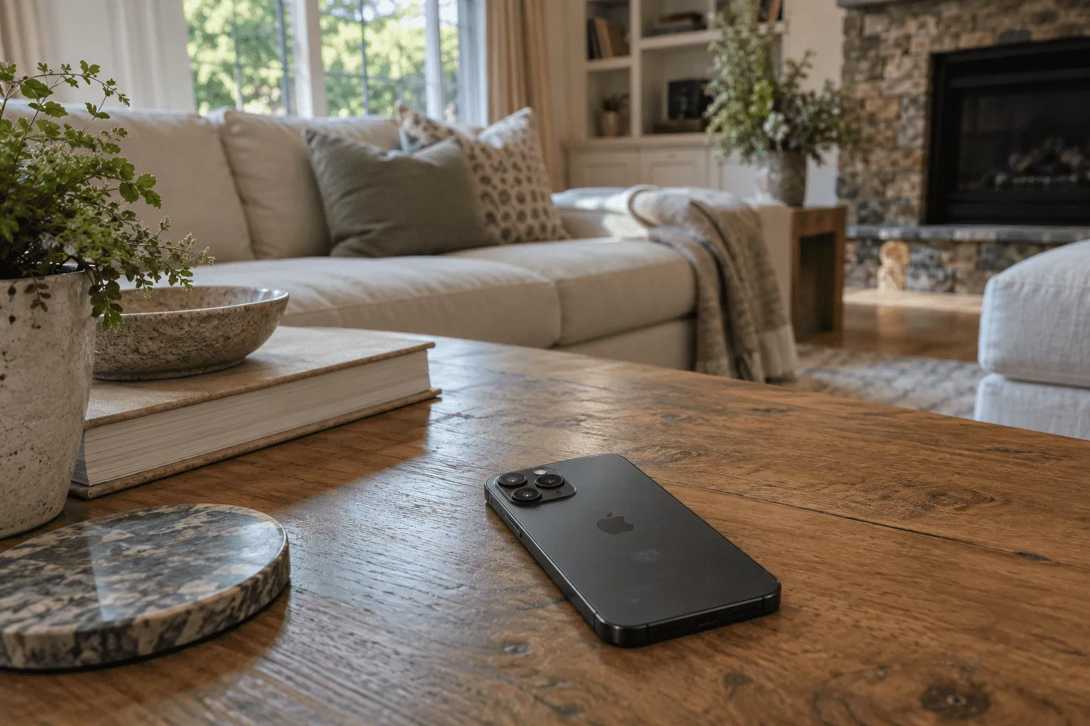 Smartphone left on a coffee table at home