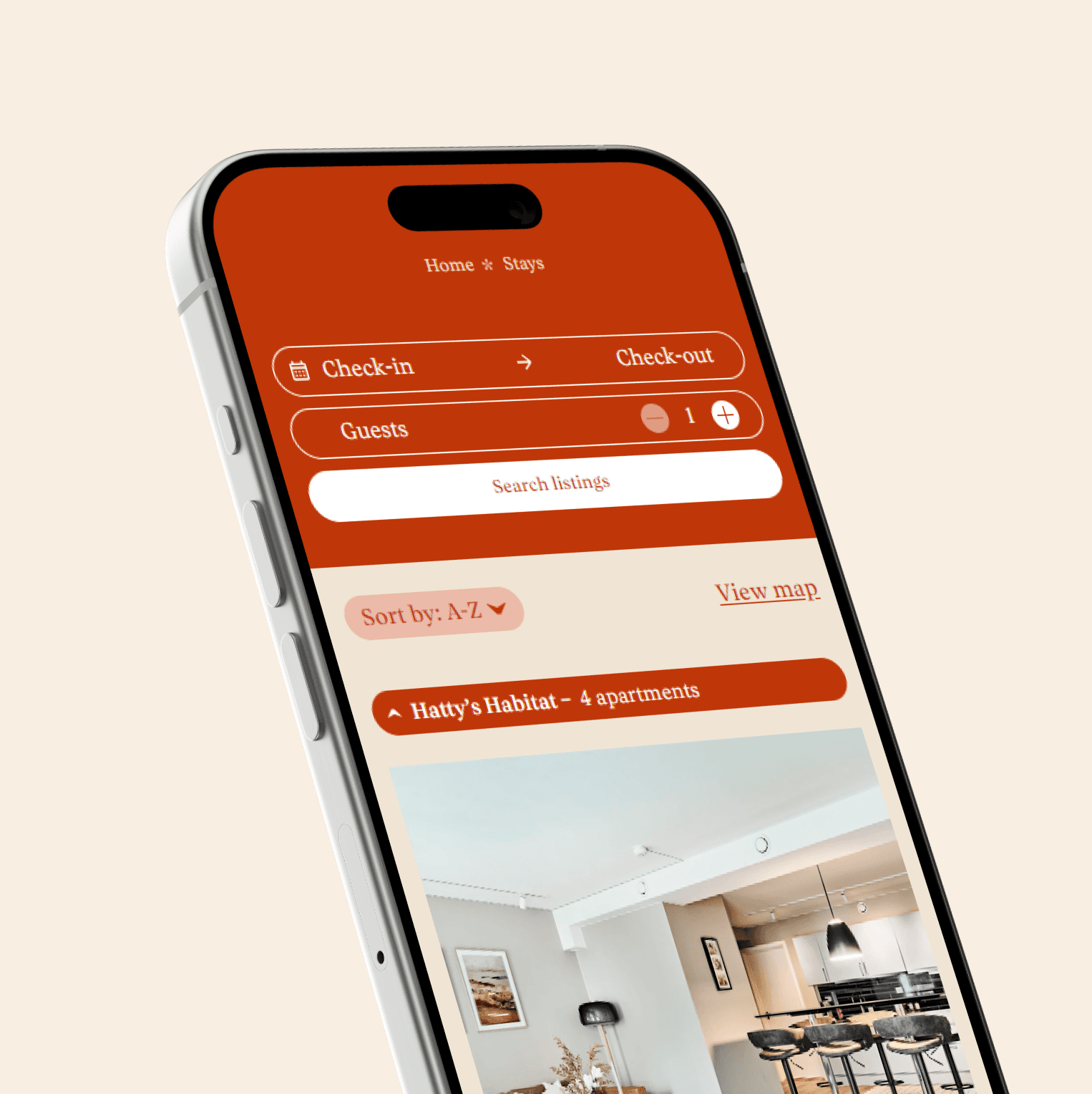 Phone mockup with a webpage showing a properties page listing available apartments for rent