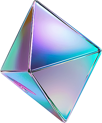 A digital rendering of a multifaceted, iridescent geometric shape, resembling a diamond or polyhedron. The surfaces of the shape display a range of vibrant colors, including blues, greens, purples, and pinks, with a glossy, reflective texture.