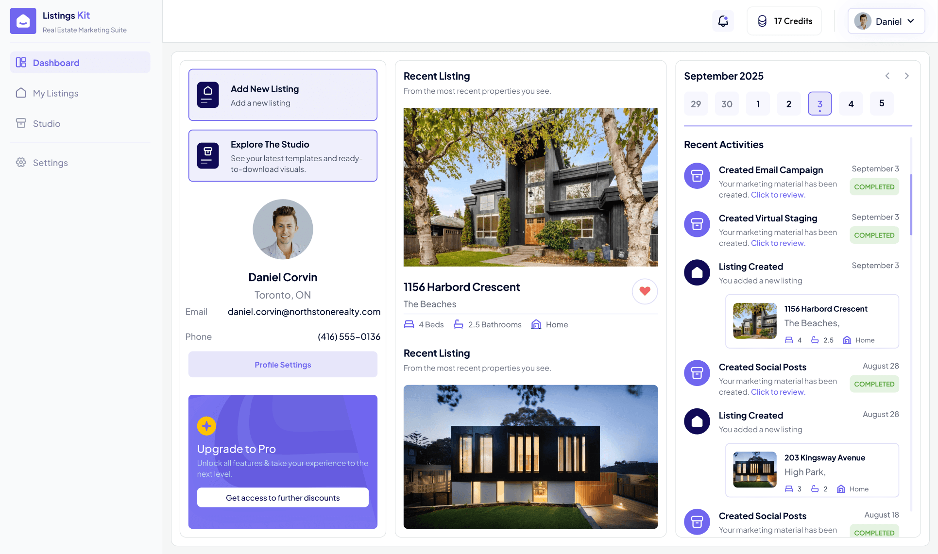 ListingsKit real estate marketing dashboard showing agent profile, recent listings, and completed marketing activities.
