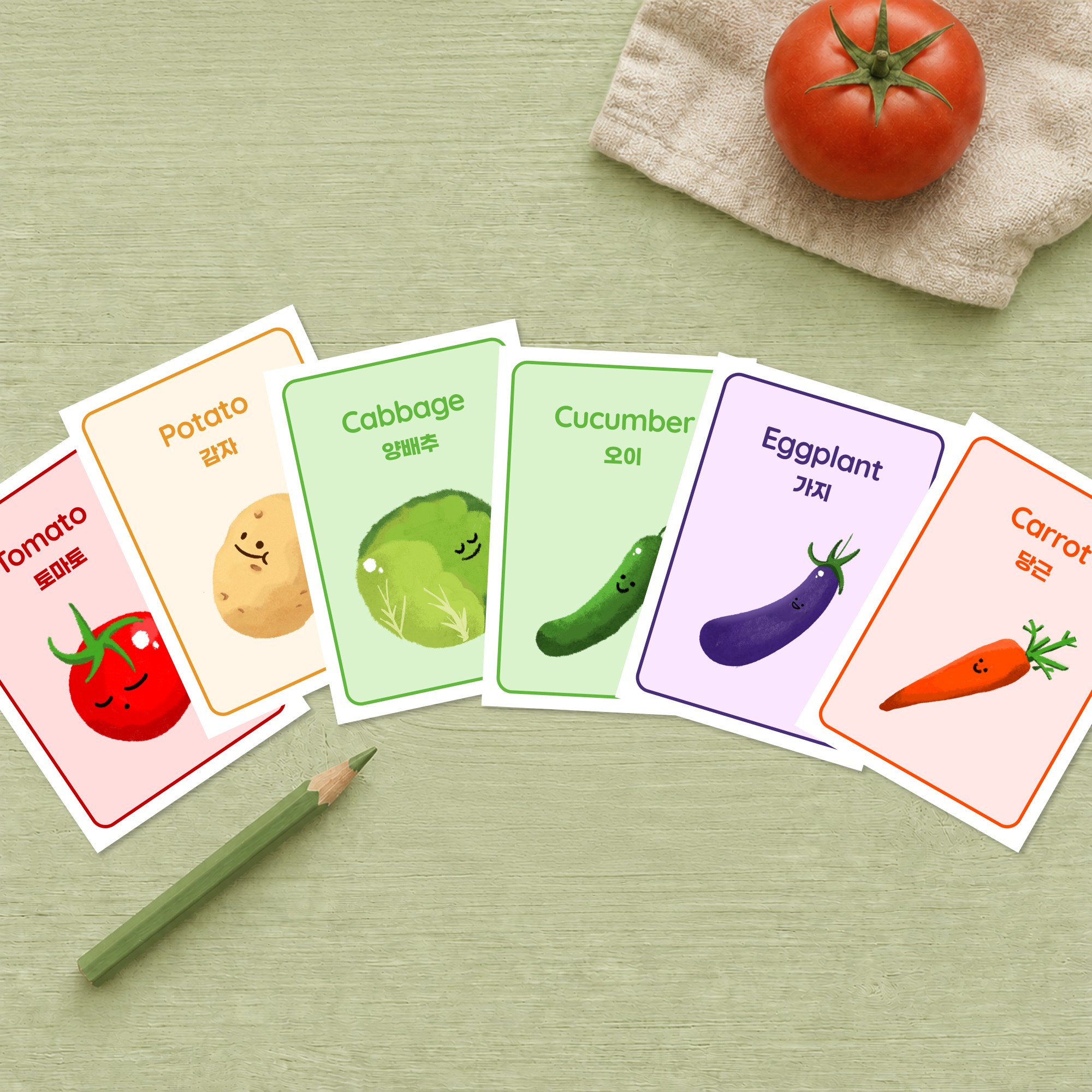 Vegetable flashcards printable set preview with Korean-English learning cards.