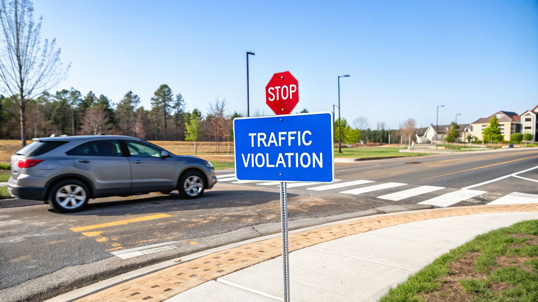 A gray SUV drives past a 'STOP' and 'TRAFFIC VIOLATION' sign near a crosswalk on a sunny day.