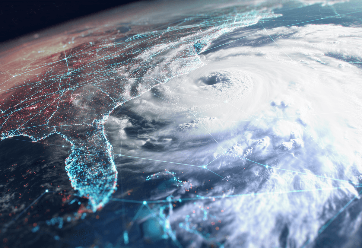 An AI generated satellite image of North America with data overlaid depicting weather patterns