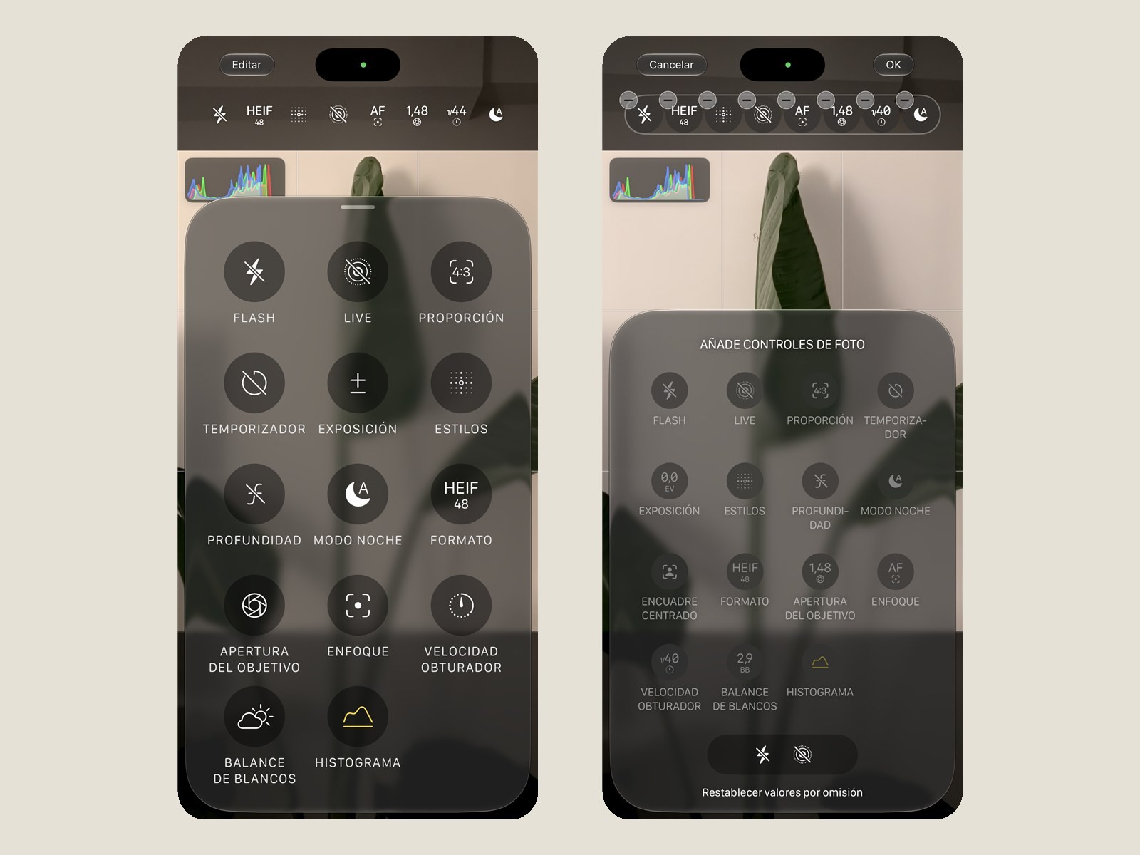 App de cámara del iPhone 18 Pro: a la izquierda, en uso con la barra de controles, el histograma y el panel; a la derecha, la barra en modo edición con el panel Añade controles de foto
