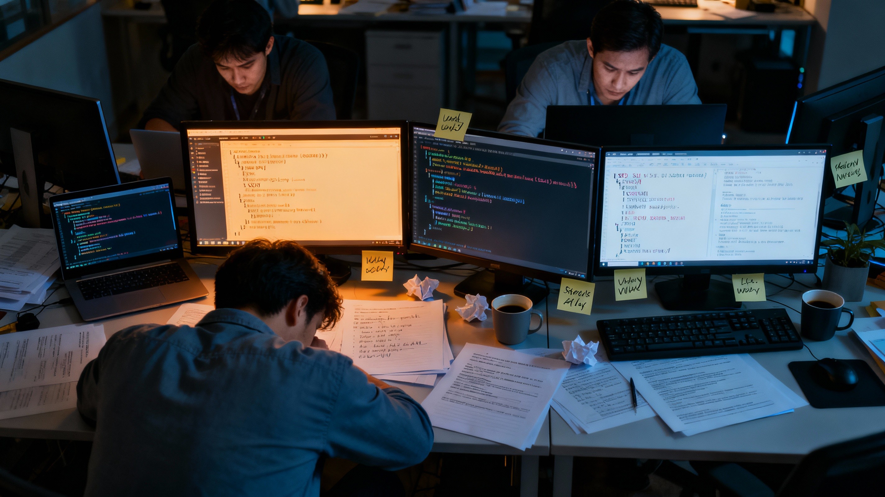 Data engineers and analysts working late, surrounded by open terminals, SQL scripts, YAML configs, error logs, and scattered post-it notes. Tension and exhaustion visible, with chaotic environment symbolizing manual pipeline work struggles.