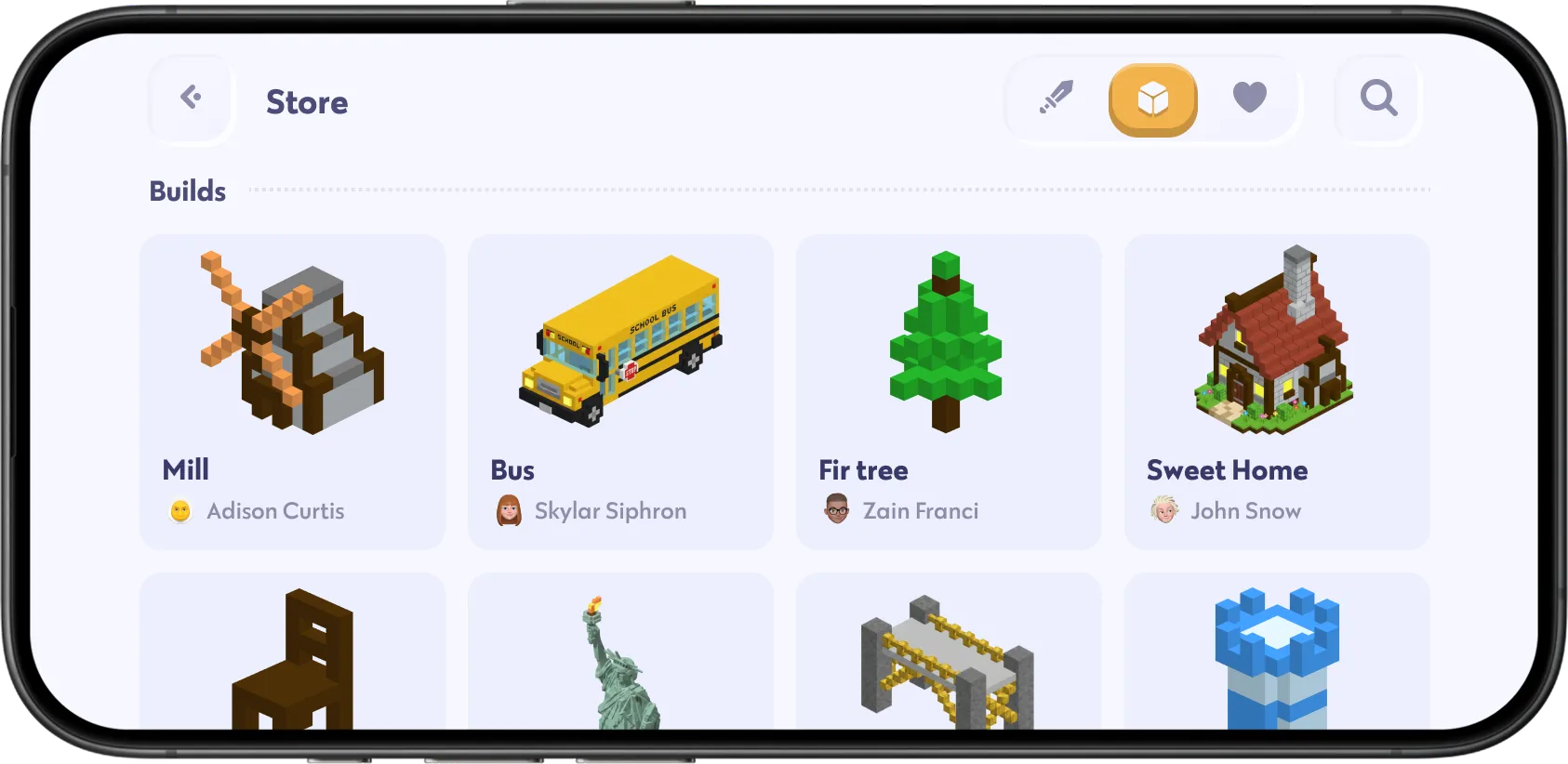 Chudo store screen showing a marketplace of user-generated build assets, including a mill, bus, fir tree, and house, with creator names under each item.