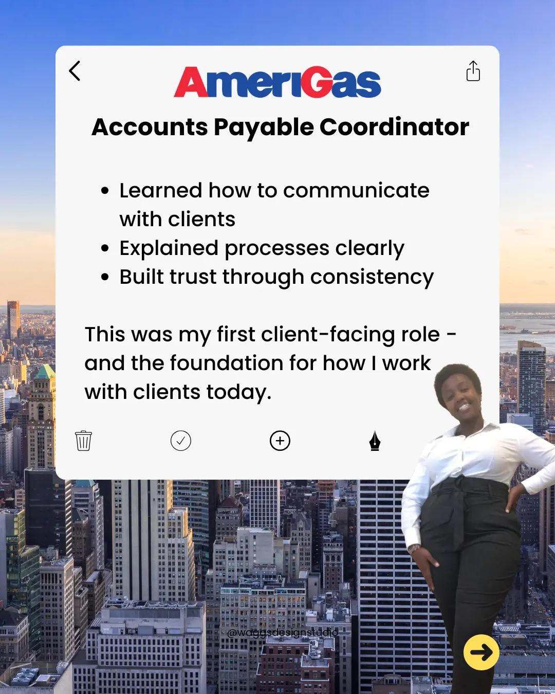 An enthusiastic professional stands confidently in front of a slide titled "AmeriGas Accounts Payable Coordinator," listing achievements like improved client communication, clear process explanations, and building trust through consistency, with a city skyline visible in the background.