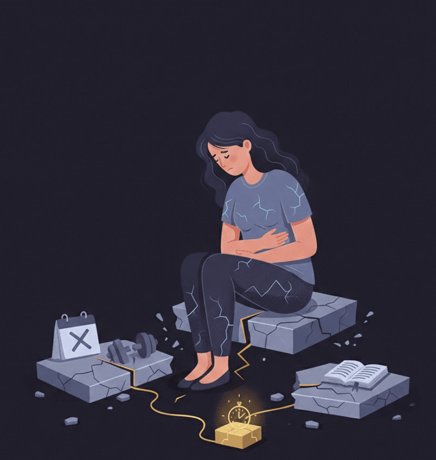 An editorial illustration of a woman sitting on a cracked stone block with a dejected expression, surrounded by broken symbols of failed goals like a crossed-out calendar and a fractured dumbbell, while a single small glowing block in front of her represents the first promise kept to rebuild trust.