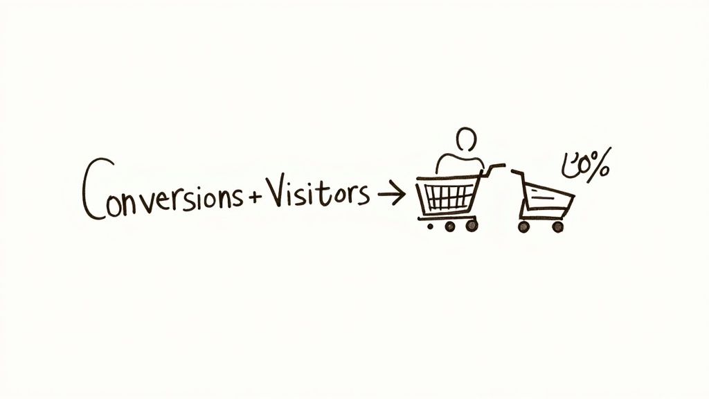 A calculator and a shopping cart icon on a minimalist background, representing the calculation of conversion rate.
