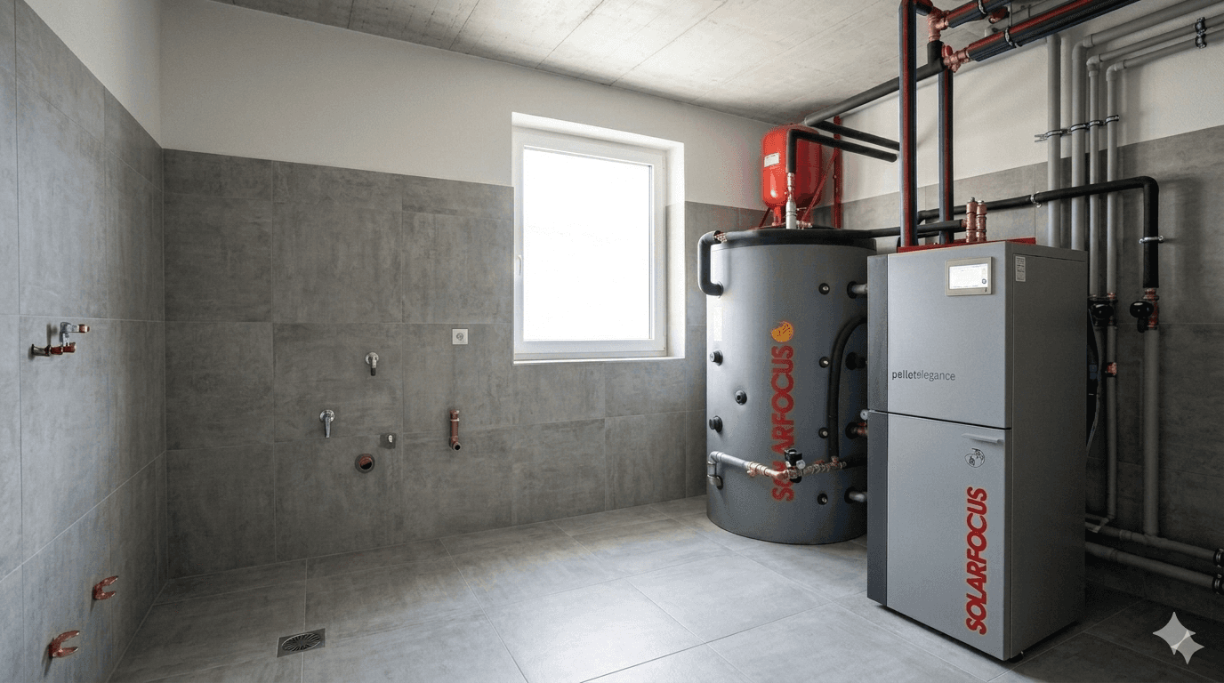 Locale tecnico con caldaia a pellet Solarfocus e sistema di distribuzione per impianto di riscaldamento domestico