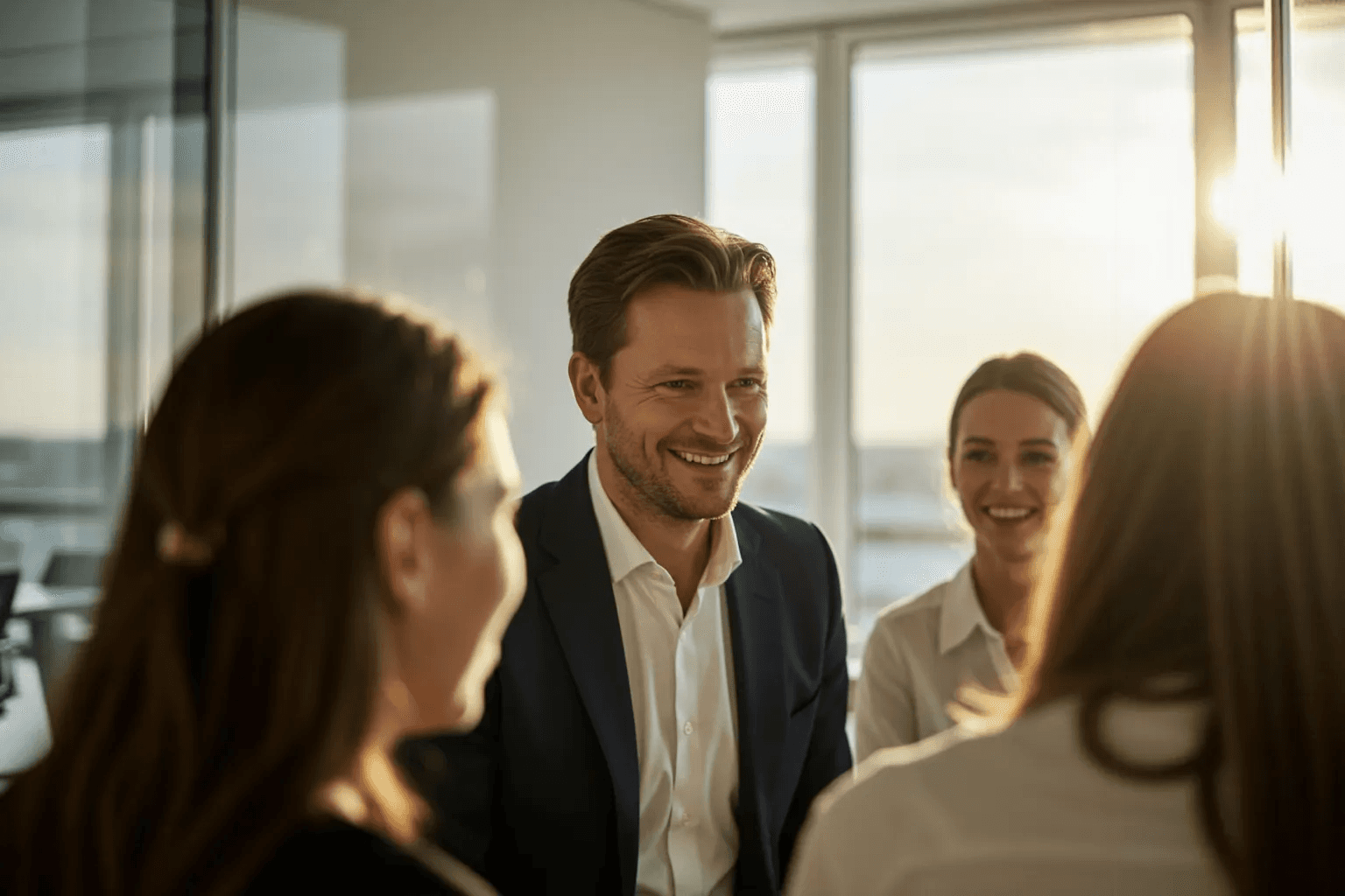 Group of colleagues smiling and conversing in an office with large windows during golden-hour sunlight.