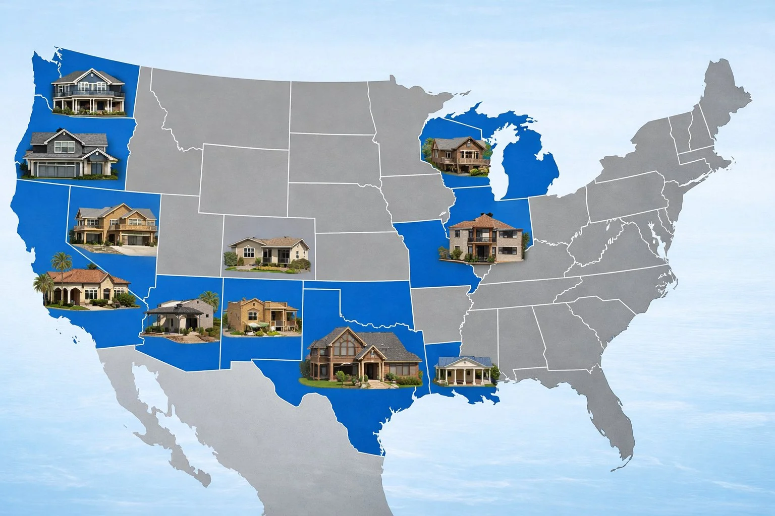 Map of the United States highlighting community property states, with house icons overlaid to represent shared marital property.