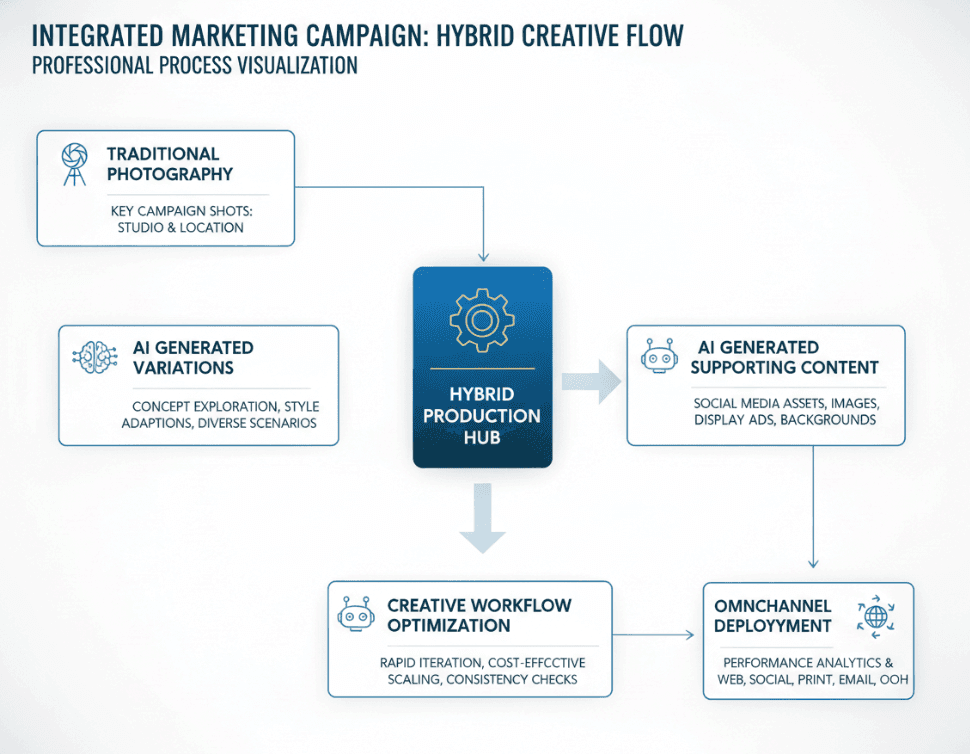 Fashion brand workflow showing creative AI complementing traditional production