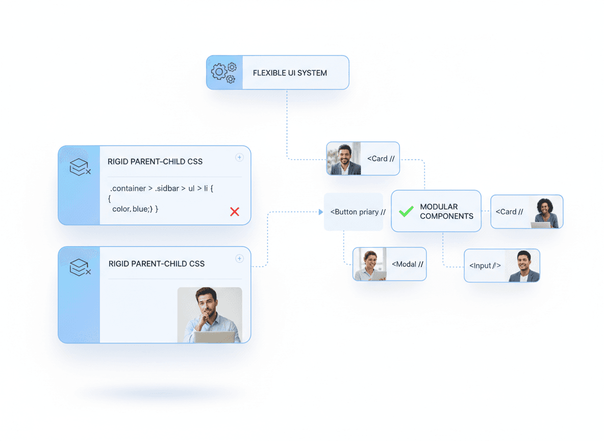 Poor CSS component architecture with tightly coupled selectors compared to reusable modular CSS system