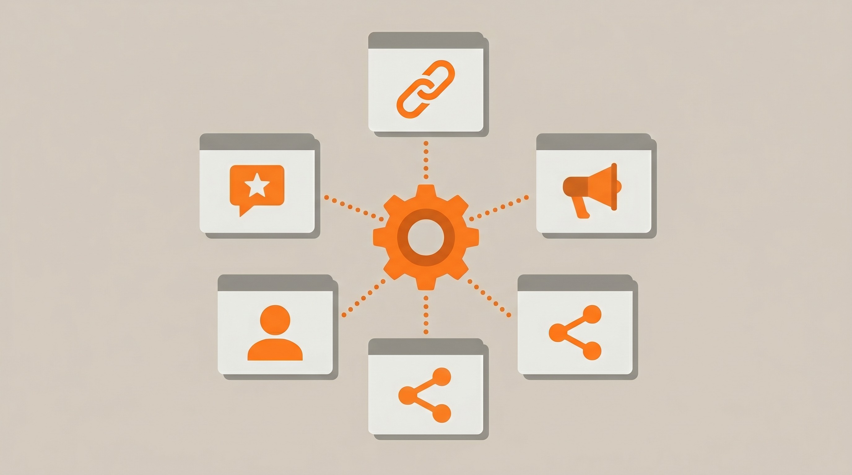 Ilustrasi flat menampilkan strategi off-page SEO mencakup link building, brand mention, media sosial, dan influencer outreach.