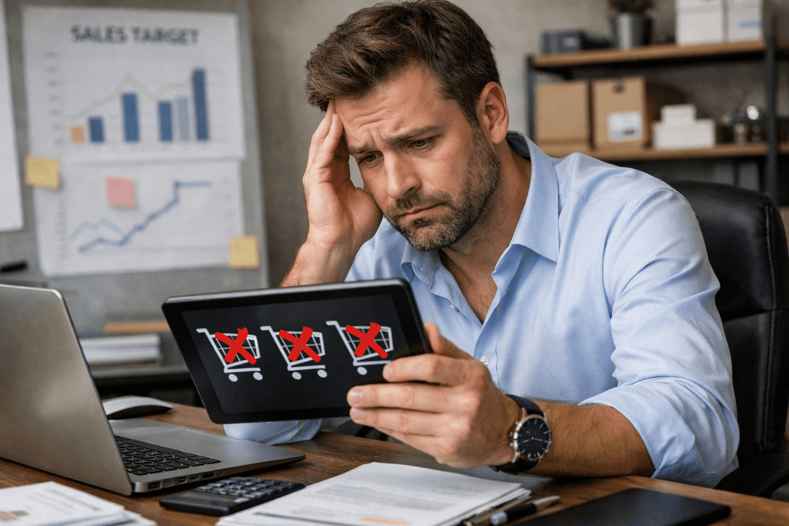 Vendedor sentado em escritório olhando para tablet com carrinhos de compra cancelados, demonstrando preocupação com pedidos abandonados no processo de vendas B2B.