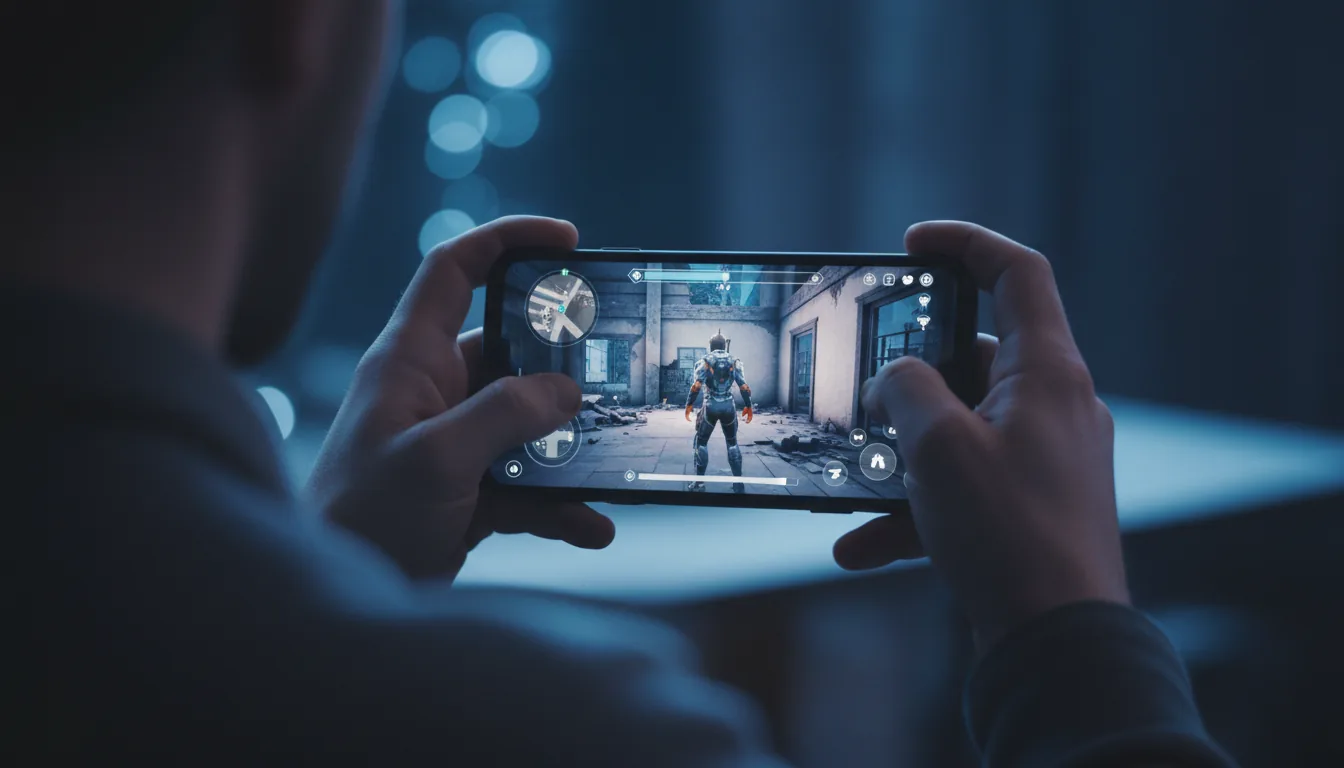 DSLR close-up photograph, over-the-shoulder view of a person's hands holding a smartphone horizontally, playing a third-person shooter mobile game. Cinematic contrast with cool, moody lighting, the screen casting a vibrant blue and purple glow onto the hands. The game interface is clearly visible with a character inside a building, on-screen virtual controls, a compass, and a mini-map. Shallow depth of field with sharp focus on the phone and thumbs, against a heavily blurred bokeh background of a dark room with ambient blue light.