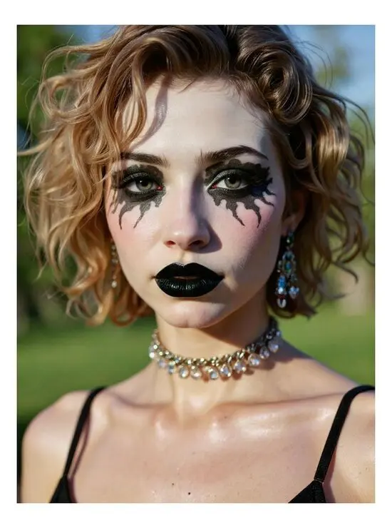 Goth AI girl with black lace makeup and crystal choker