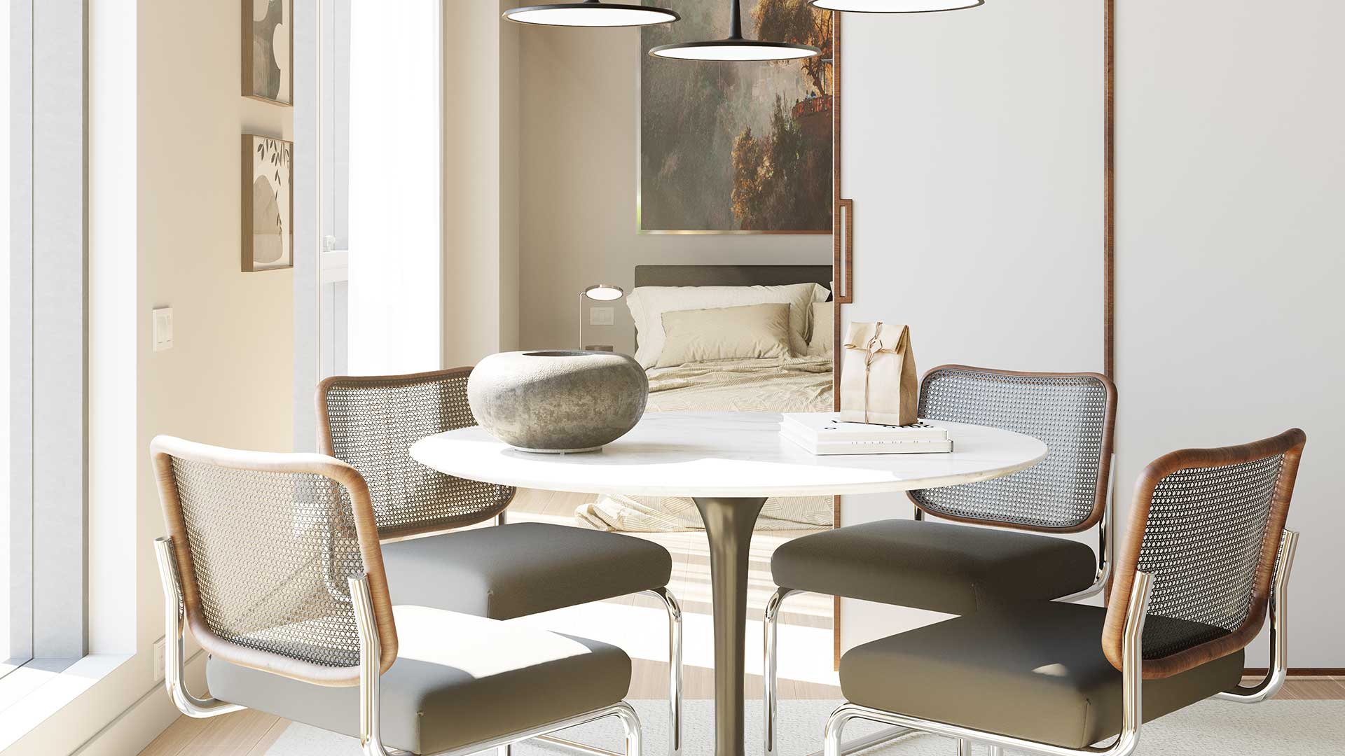 Fotorealistisches 3D-Rendering eines modernen Wohnzimmers mit Designermöbeln, warmem Licht und bodentiefen Fenstern