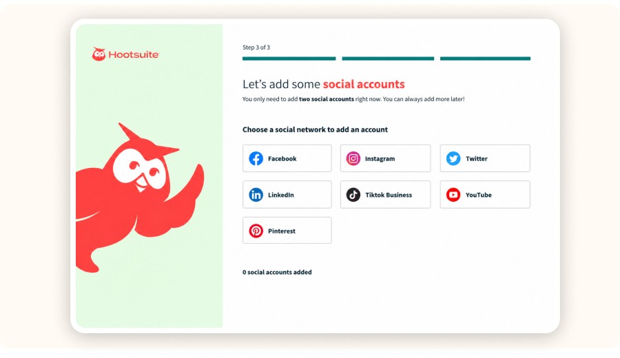 Hootsuite onboarding screen to add social media accounts with platform options