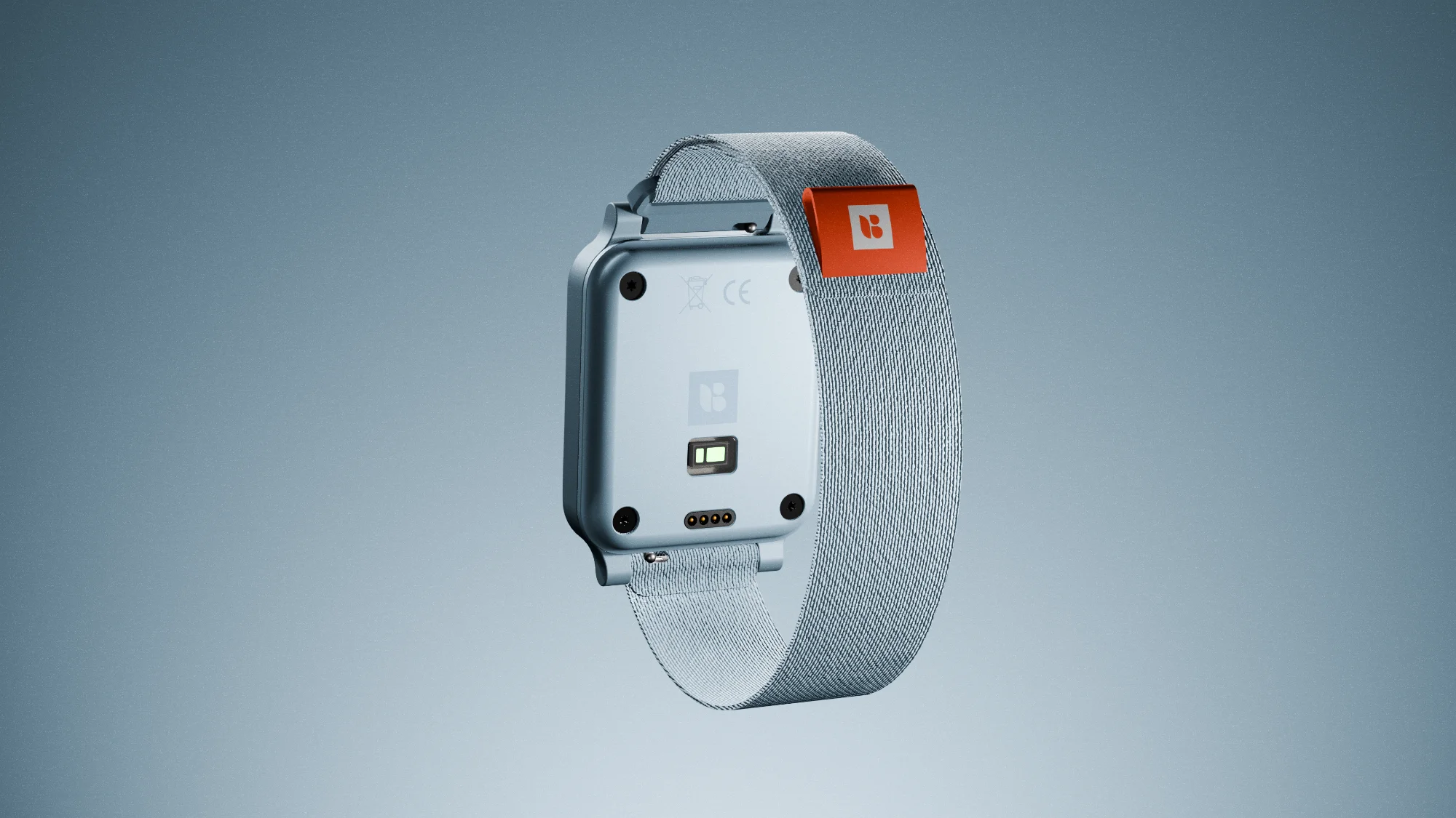 Rear view product visualisation of a biometric sensor smart wearable, showcasing the integrated heart rate sensor.