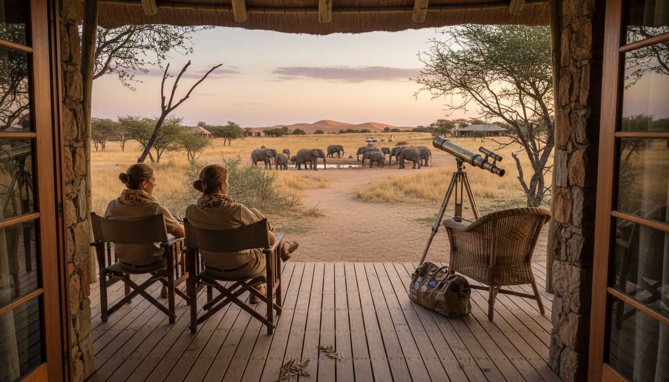 Couple observing wildlife from private safari veranda