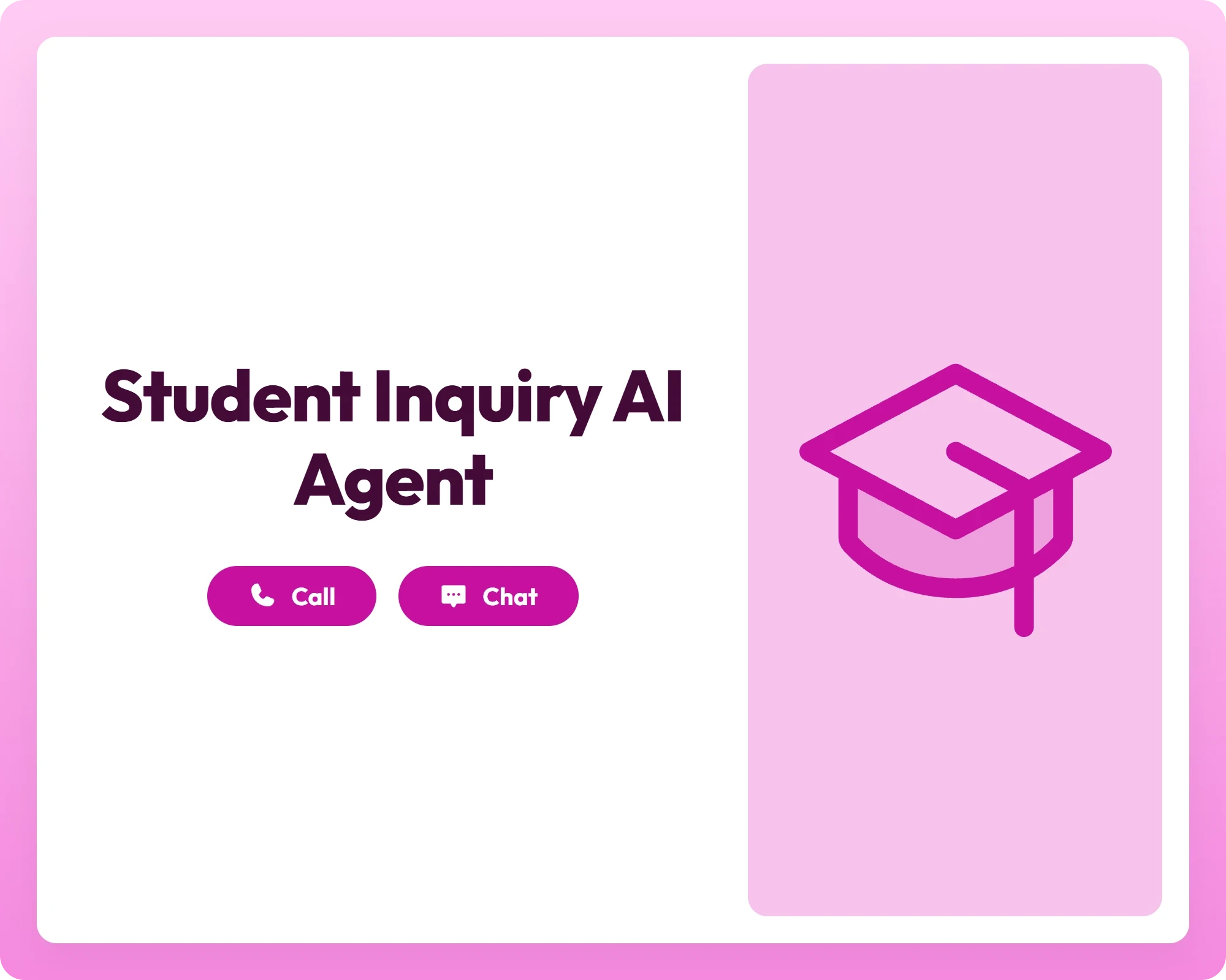 student inquiry ai agent with call and chat support beside a graduation cap icon panel