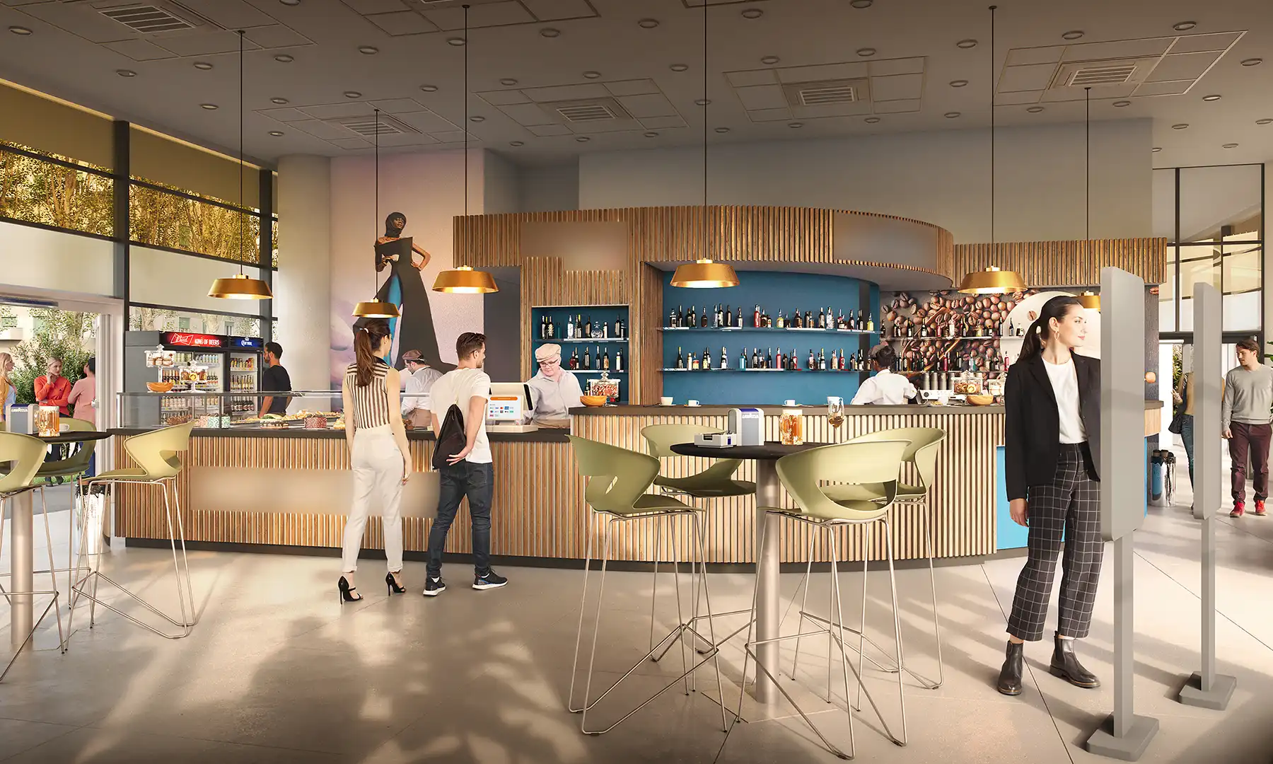 Modern bar with wooden counter, green bar stools, beer refrigerators, and cocktail area. 3D rendering for lounge bar and café.