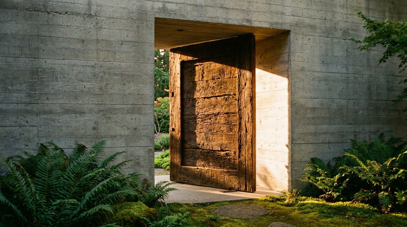 A heavy, dark wood pivot door set into the raw concrete exterior of Casa Mirante, illuminated by golden hour sunlight and framed by ferns.