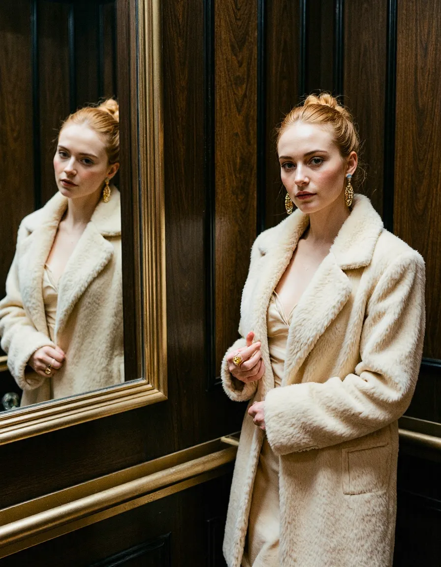Elegant woman in cream coat with gold earrings posed beside mirror in wood-paneled room