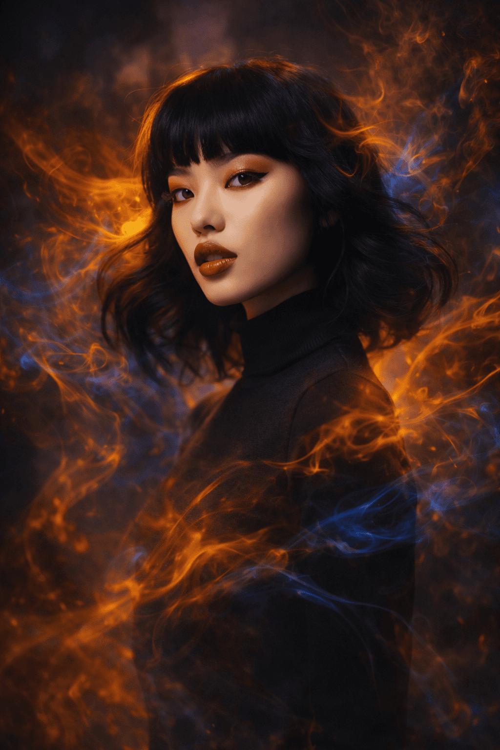 A woman with shoulder-length black hair and bangs stands against a dramatic backdrop of swirling orange and blue smoke, wearing a black turtleneck, showcasing an artistic concept ideal for projects related to graphic design and branding by Optima Quality Solutions.