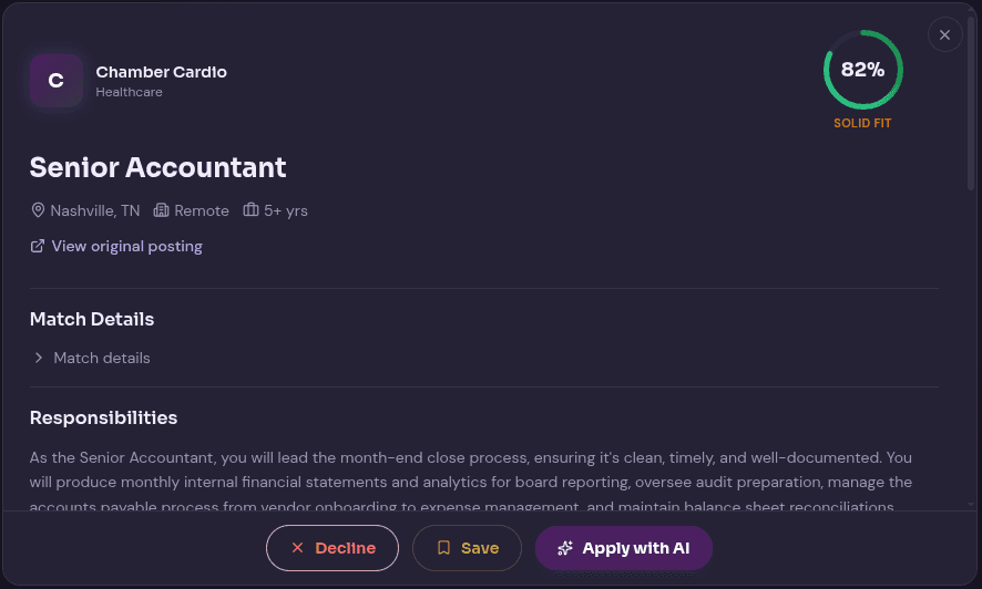 Wobo AI job match for a Senior Accountant role scored 82 percent Solid Fit with an Apply with AI button