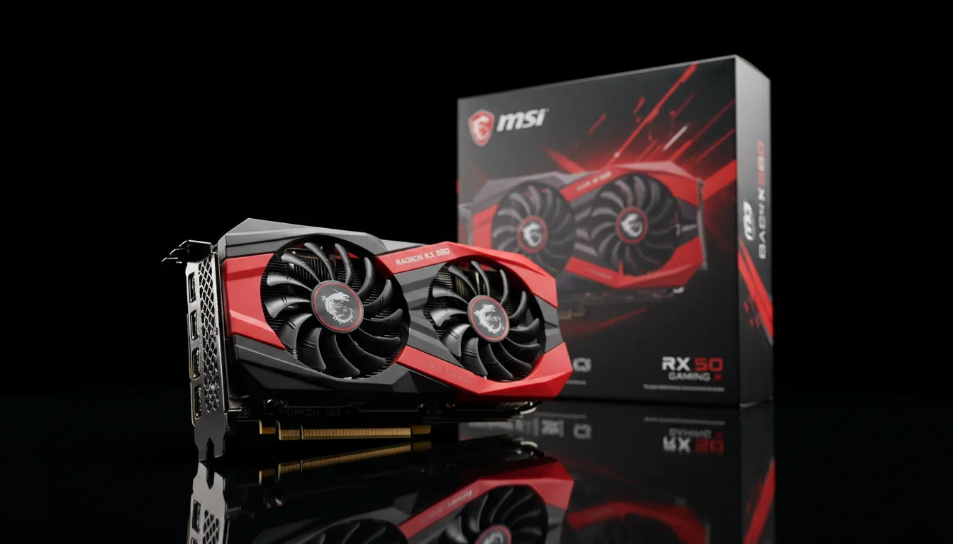 Studio product photography of a red and black dual-fan gaming graphics card, MSI Radeon RX 580 Gaming X, positioned diagonally in the foreground. In the background, its matching red and black retail box stands vertically. DSLR shot with soft studio lighting, creating sharp highlights on the matte plastic and metallic textures of the hardware. The graphics card is in crisp, sharp focus, while the box behind it has a slight bokeh effect. The entire scene is set on a black reflective surface against a solid black background.