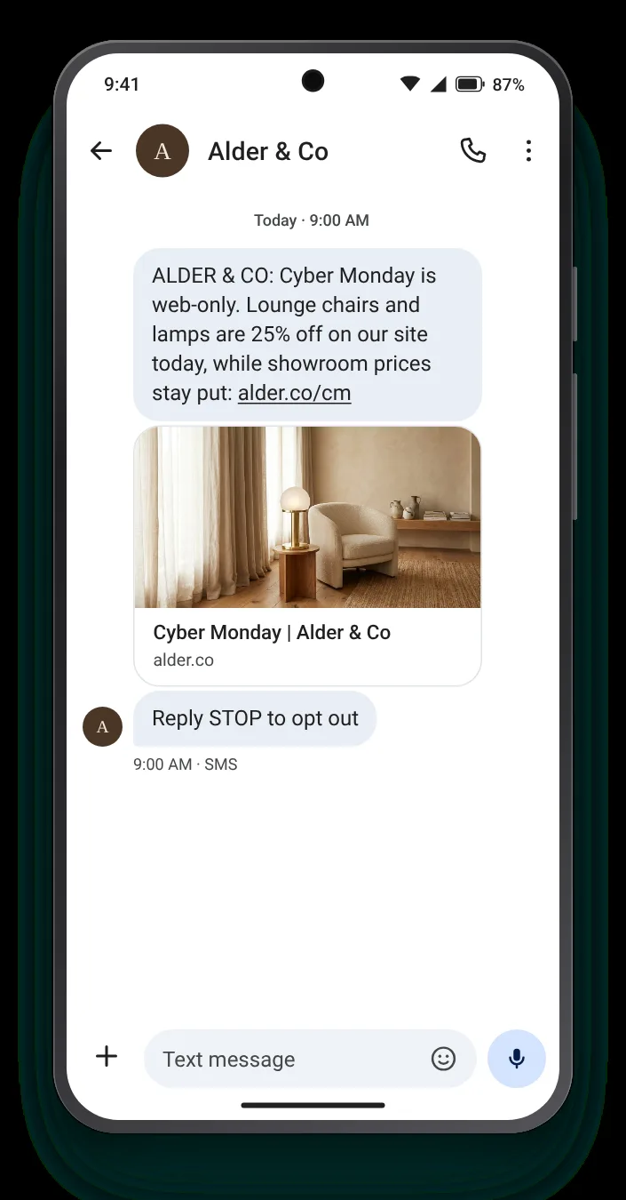 Website prices, not showroom prices Cyber Monday text on an Android phone