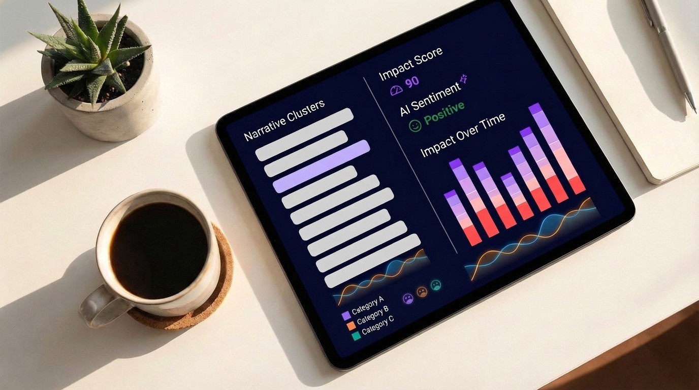 Overhead view of modern workspace with tablet displaying media monitoring analytics dashboard in natural morning light