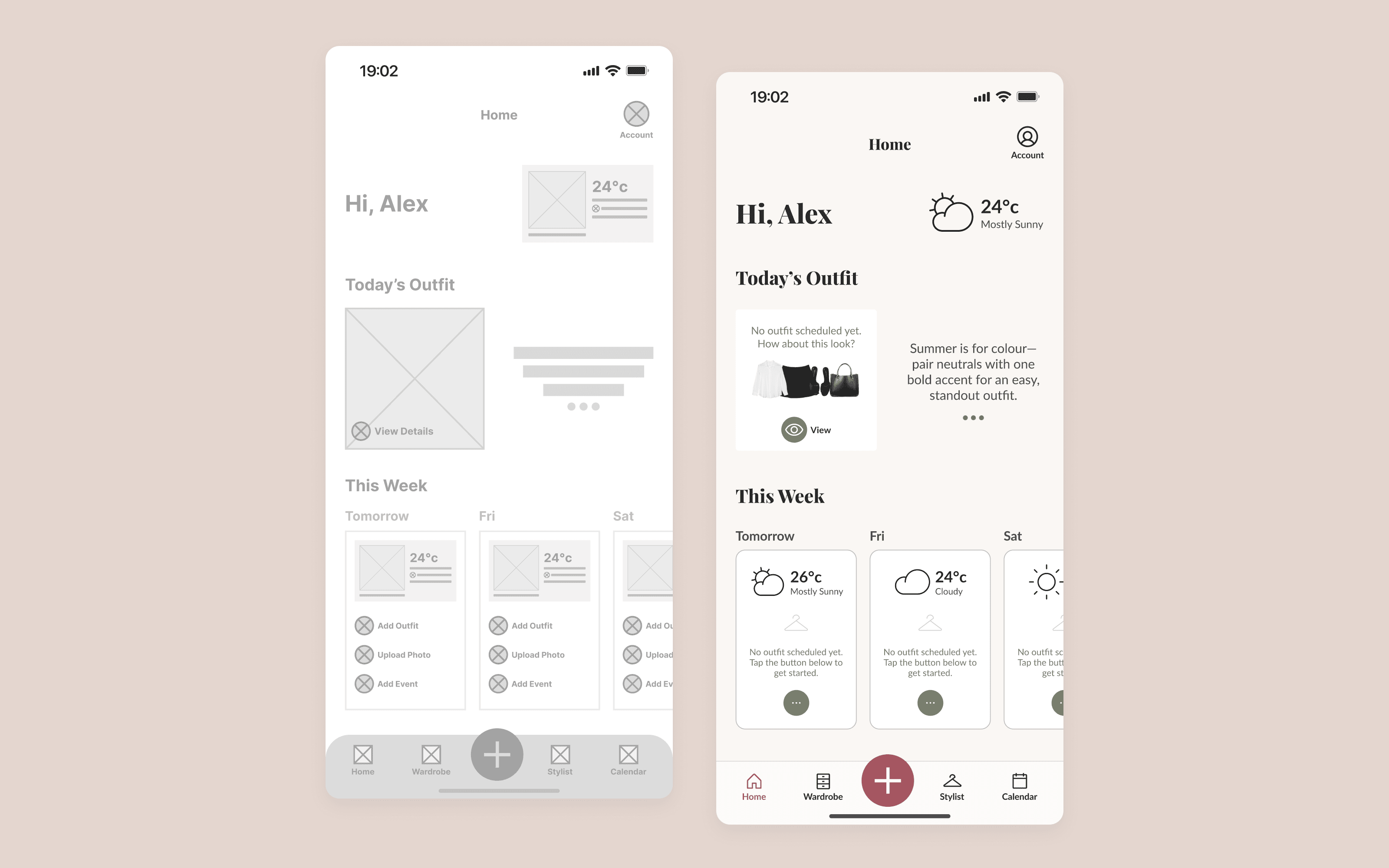Wireframe and final version of the home screen