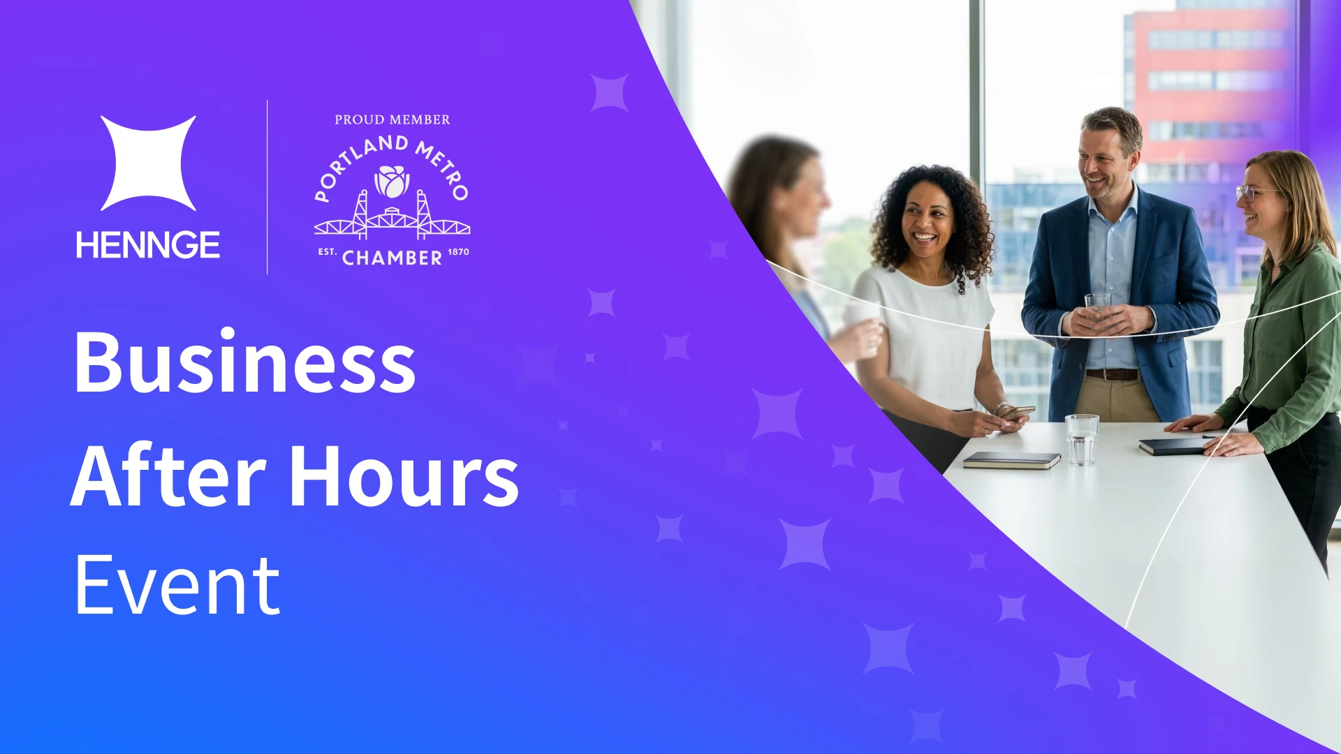 Promotional graphic for a HENNGE and Portland Metro Chamber 'Business After Hours' event, featuring a diverse group of professionals networking in a modern, sunlit office space.