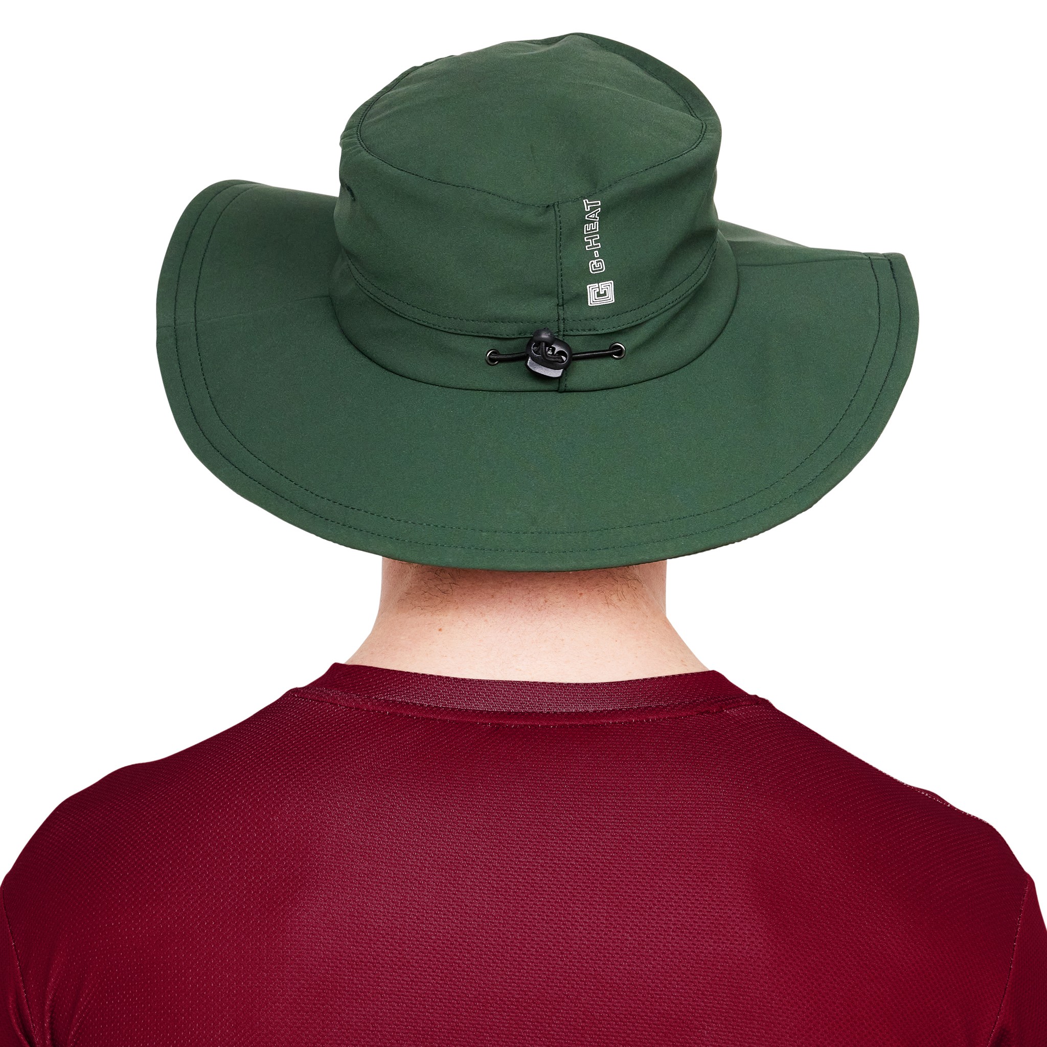 G-Heat khaki UV-protective cooling hat, back view, with adjustable drawstring, white background