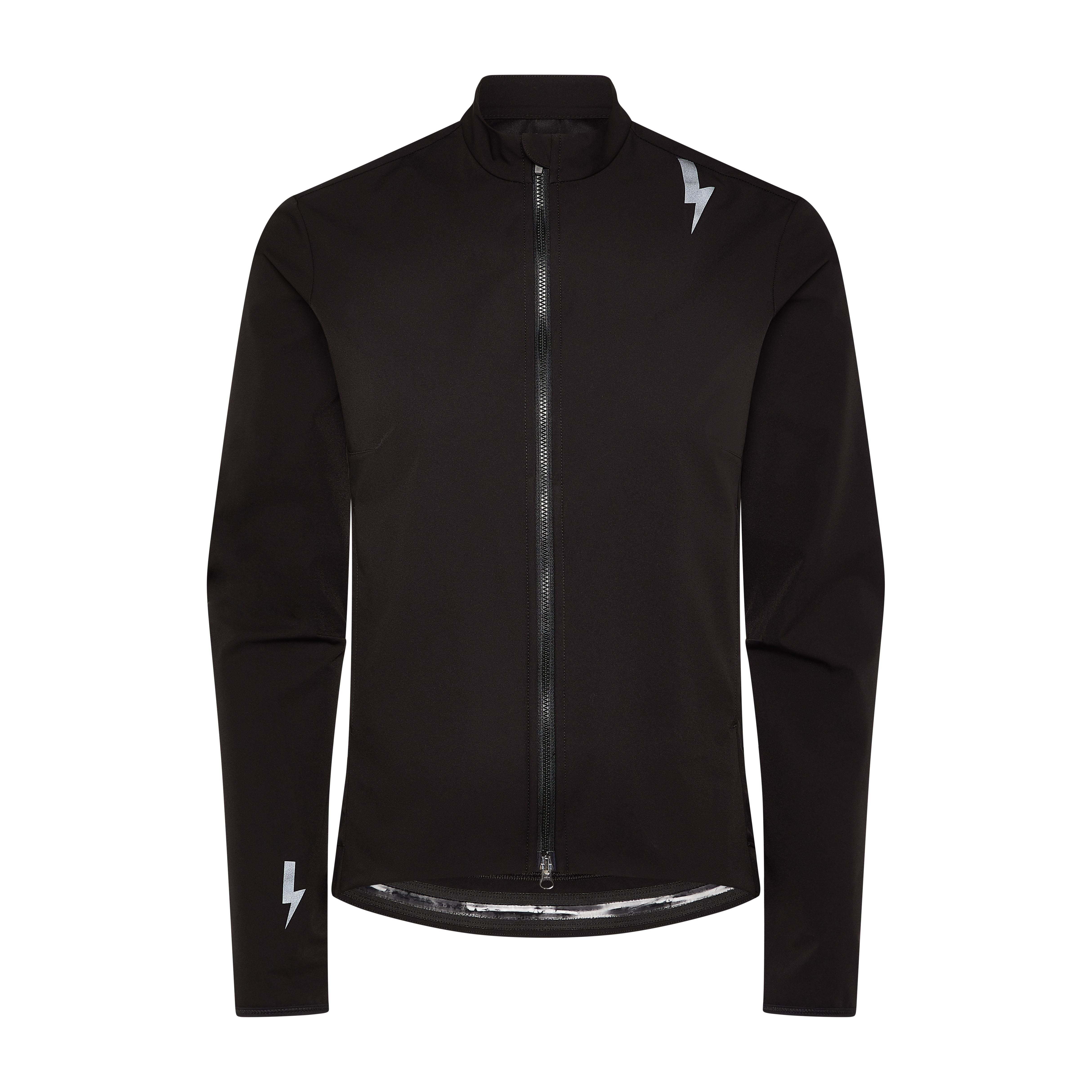 Full-front-view-of-the-Black-Momentum-Performance-jacket-on-a-white-background-showing-the-full-zipper-high-collar-a-reflective-lighting-bolt-sign-on-the-shoulder-and-a-smaller-bolt-sign-on-the-left-cuff