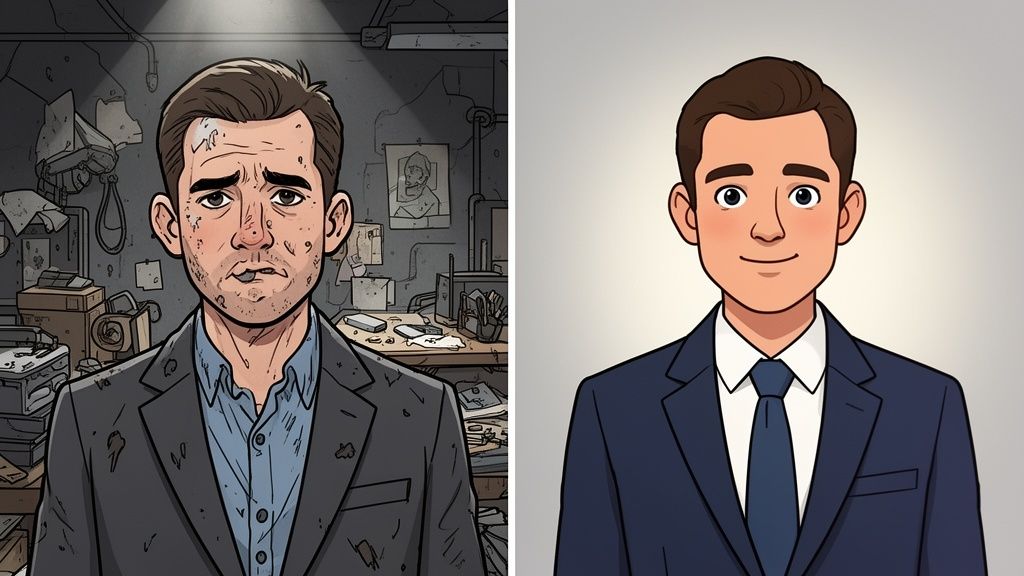 Vergleich: Ein Mann im Anzug, einmal ungepflegt im Chaos, einmal lächelnd und professionell.