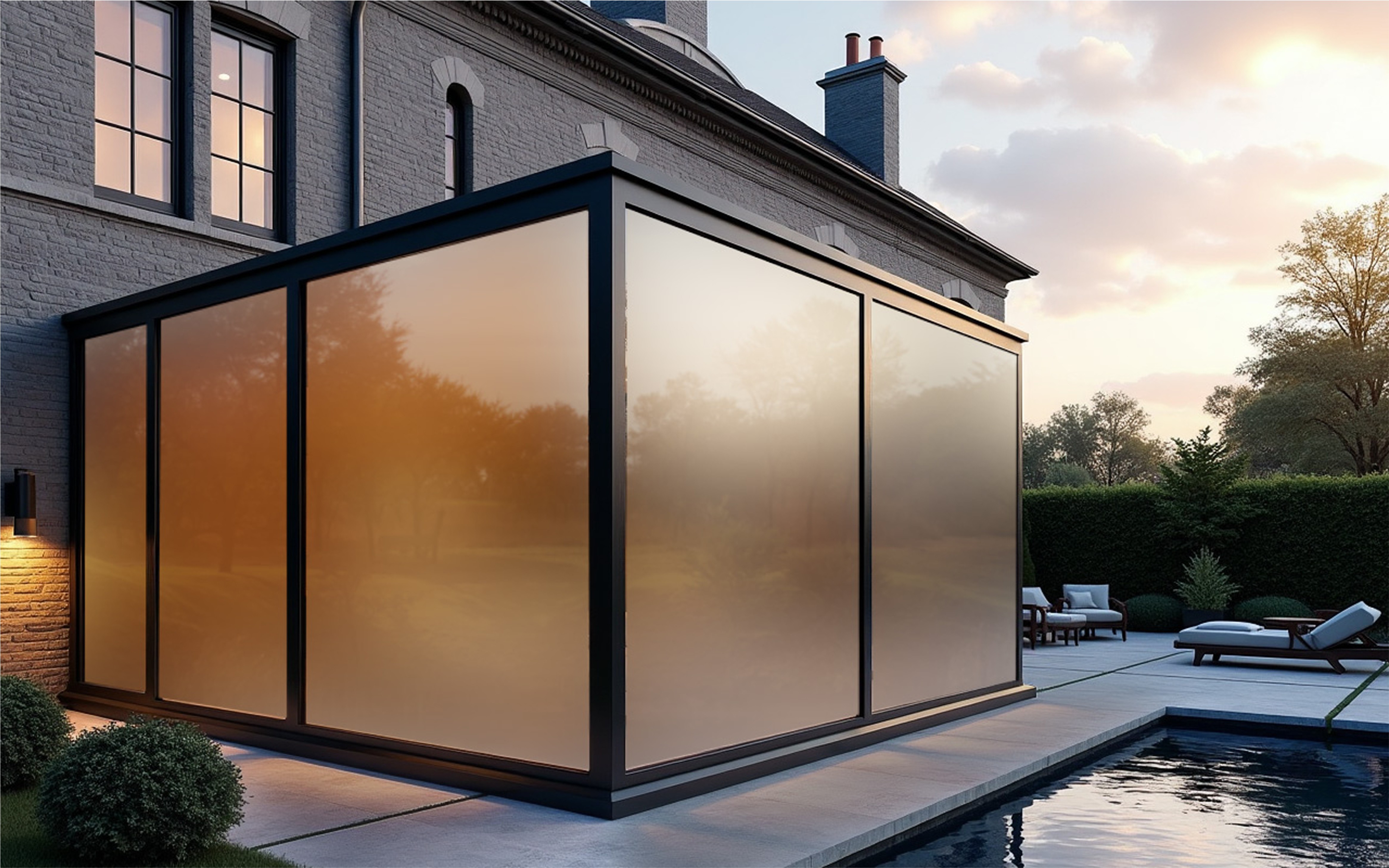 Smart film on glass enclosure in opaque mode providing full privacy