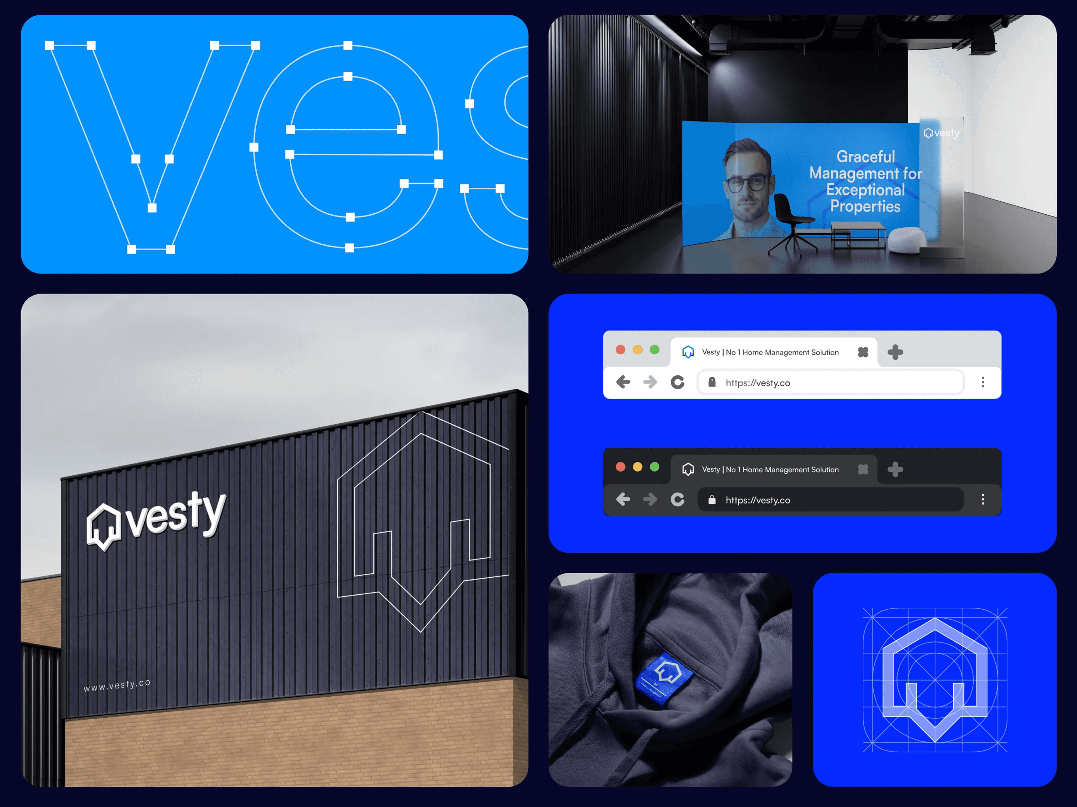 Branding collage for 'Vesty' showing logo design, promo banner, website, merchandise, and app icon.