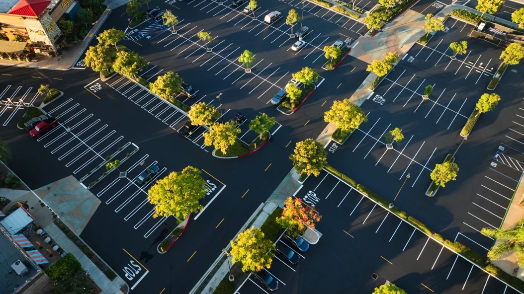 Aerial photo of freshly striped parking lot lines