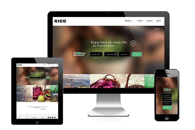 The image shows a desktop computer monitor, a tablet, and a smartphone displaying the Ricoh website. The website features a clean design with a white header and a background image of blurred natural elements. The header includes tabs for "EXPLORE," "RICO," "SIGN UP," and "LOGIN." The main content area showcases a banner reading "Experience the farm life in Puerto Rico," along with images of produce and farm-related items. Navigation links like "CHECK IN," "CHECK OUT," "GUESTS," and "SEARCH" are visible. The desktop monitor is positioned centrally, flanked by the tablet on the left and the smartphone on the right, all set against a white background.