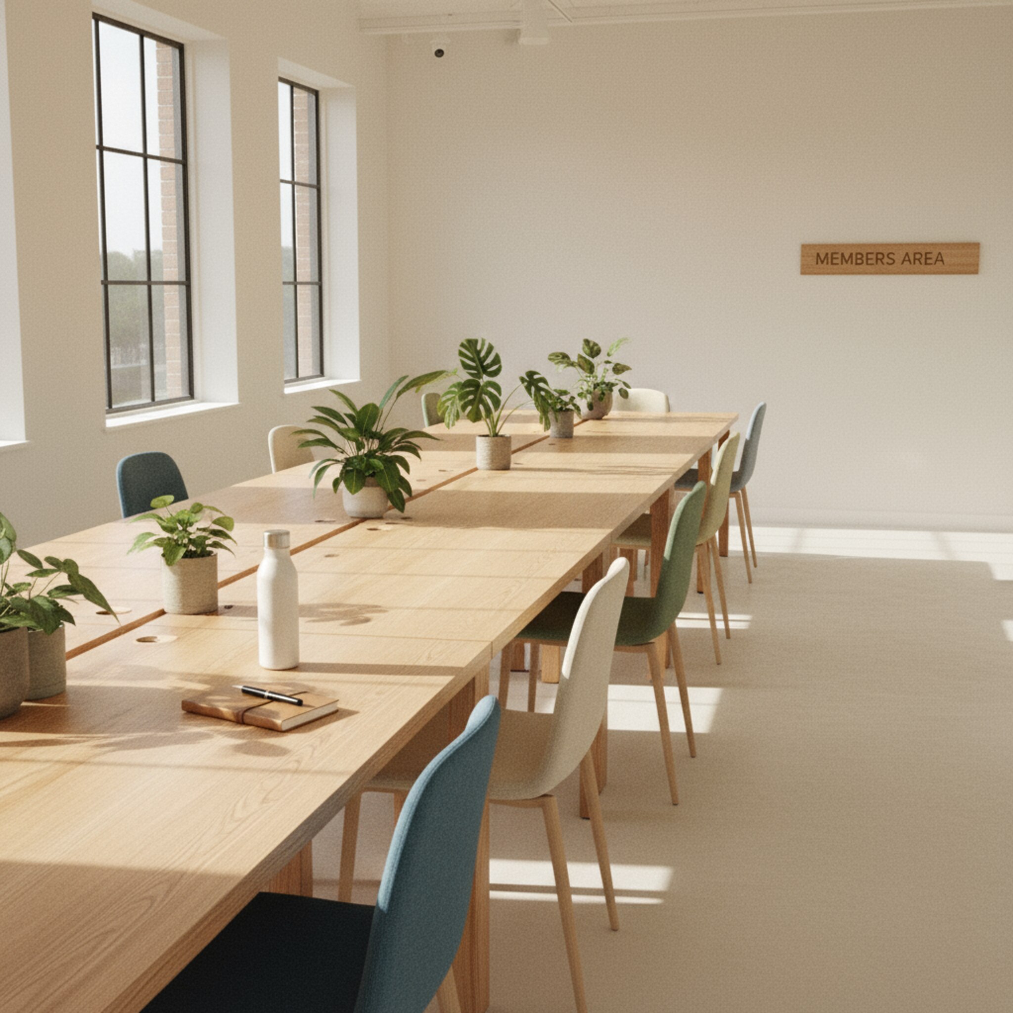 Eine Reihe gepflegter, freier Arbeitsplätze aus hellem Holz mit schlichten Stühlen und dezenten Pflanzen. Eine zurückhaltende Beschilderung kennzeichnet einen Bereich für Mitglieder, ein Notizbuch und eine Wasserflasche liegen bereit. Warmes Tageslicht fällt über den Raum und vermittelt Ruhe sowie Verfügbarkeit.