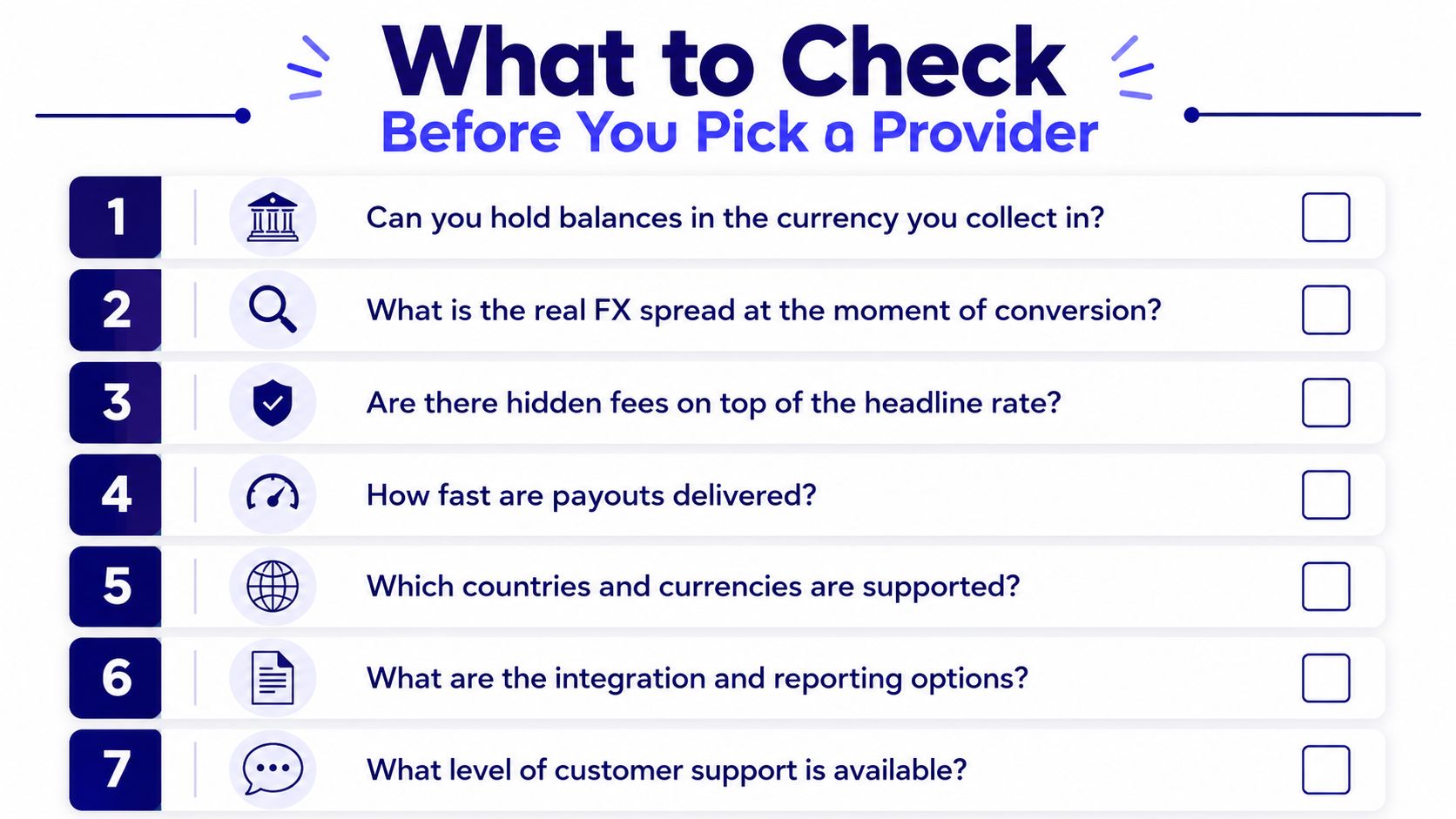 A checklist titled What to Check Before You Pick a Provider for financial services and cross-border payments.