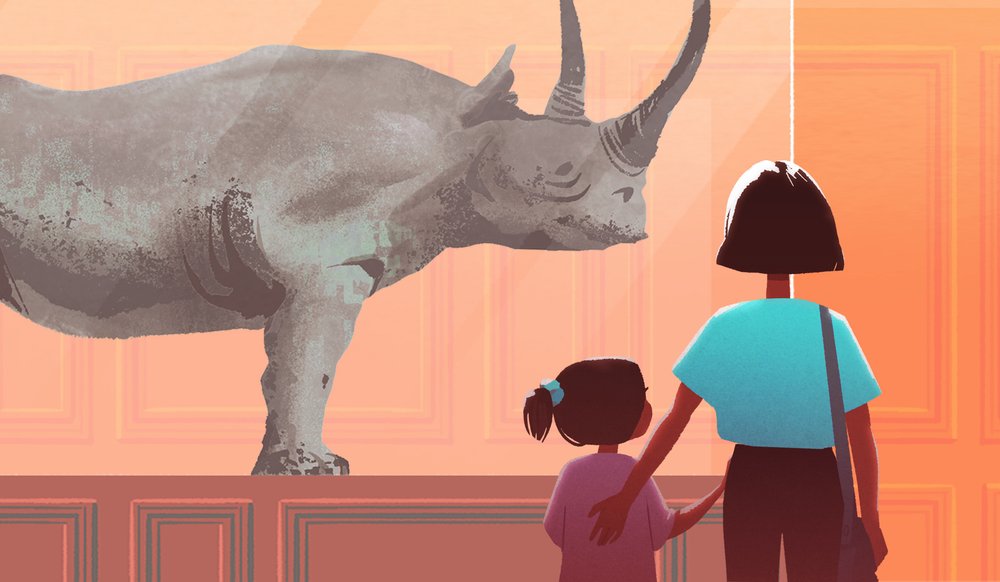 illustration showing a woman and her daughter at the museum, looking at a preserved rhinoceros in a display