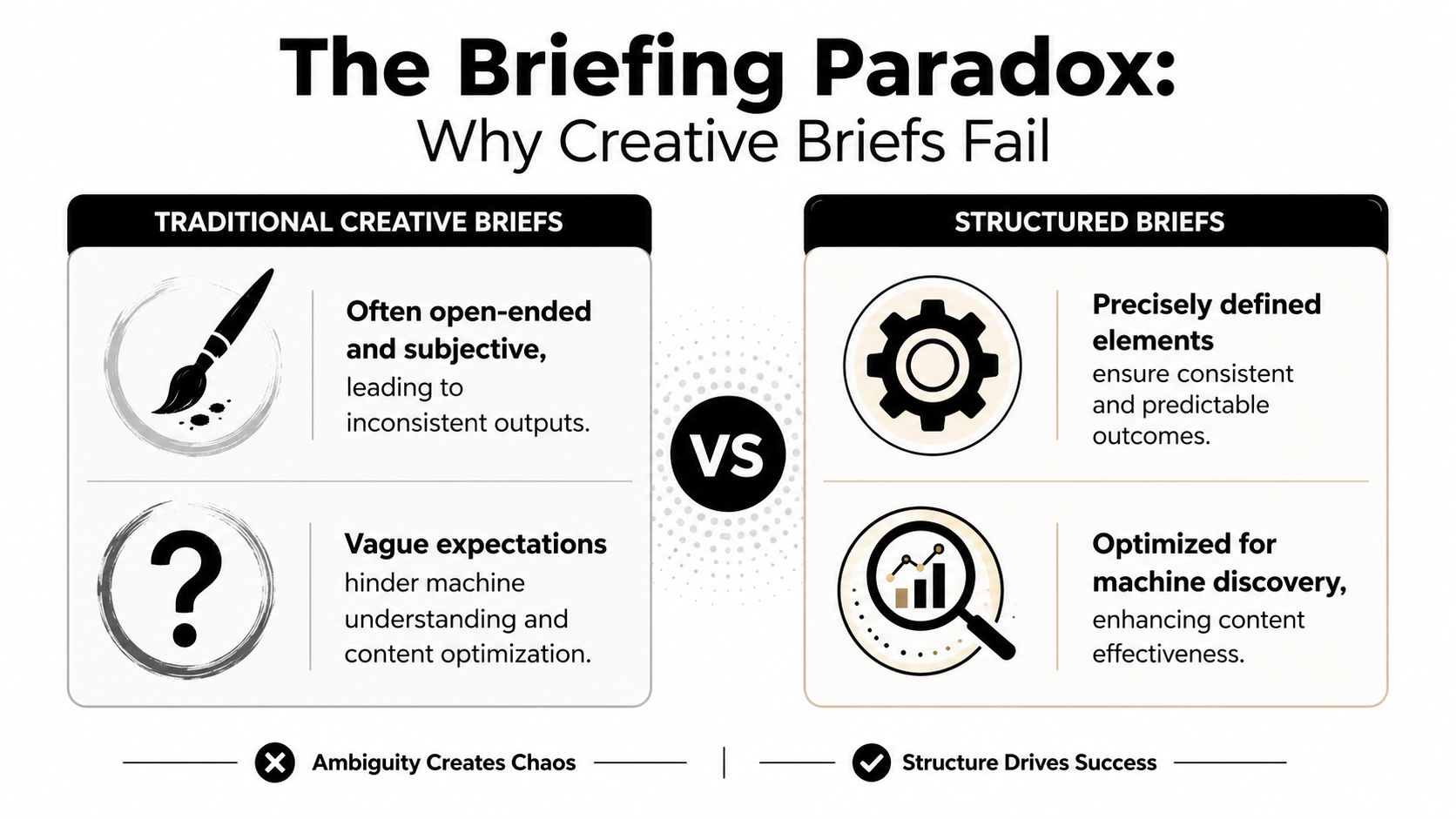 A comparison chart showing how structured creative briefs lead to better outcomes than traditional open-ended briefs.